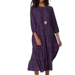 J. Jill Tiered Midi Dress Size L Purple Paisley 3/4 Sleeve Flowy Viscose Boho